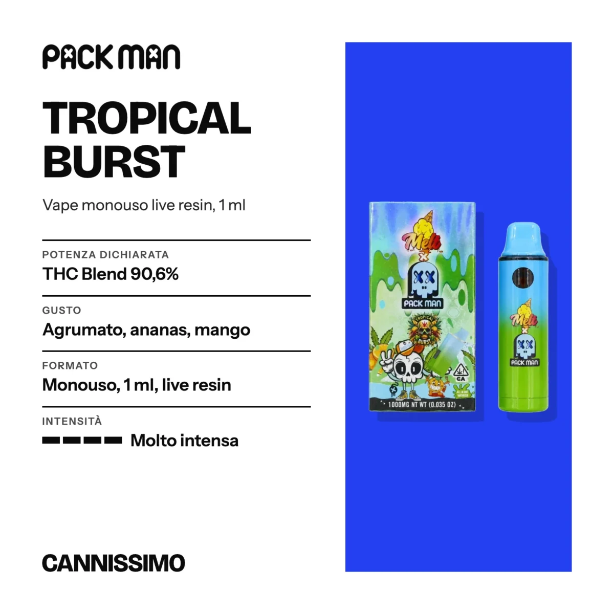 Scheda di Tropical Burst, Pack Man. Potenza dichiarata THC Blend 90,6%; gusto agrumato, ananas, mango; formato monouso, 1 ml, live resin; intensità molto intensa.