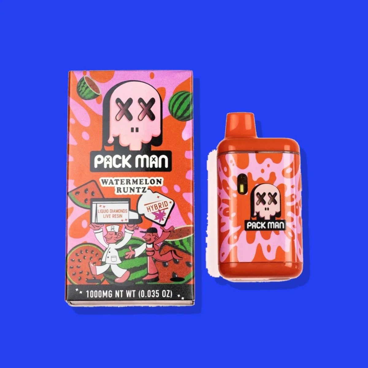 Watermelon Runtz di Pack Man, la confezione su fondo blu