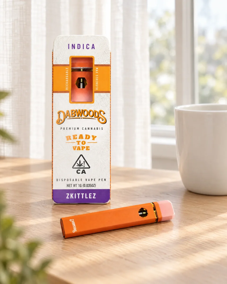 Zkittlez di Dabwoods, confezione e dispositivo su una scrivania in rovere