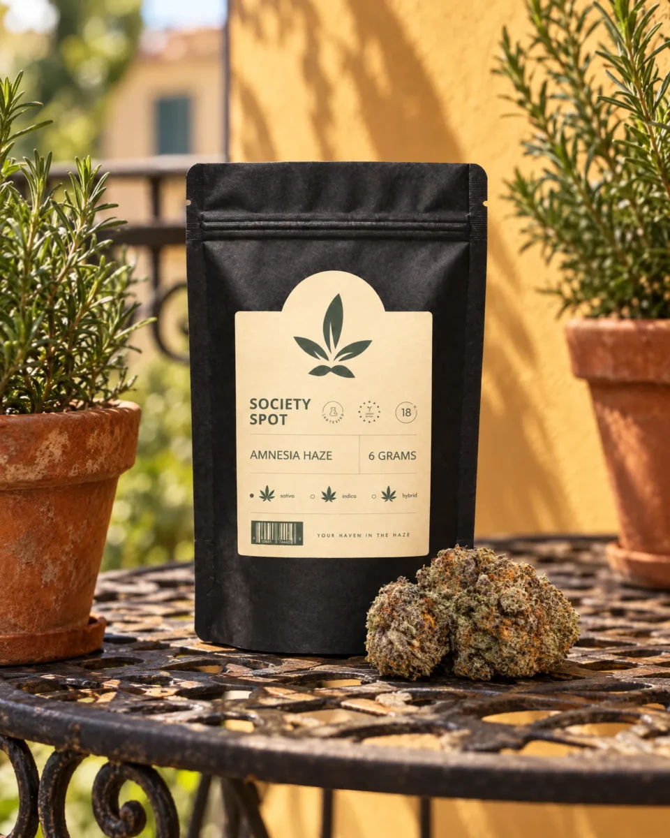 Amnesia Haze, busta Society Spot con le infiorescenze su un tavolino da balcone