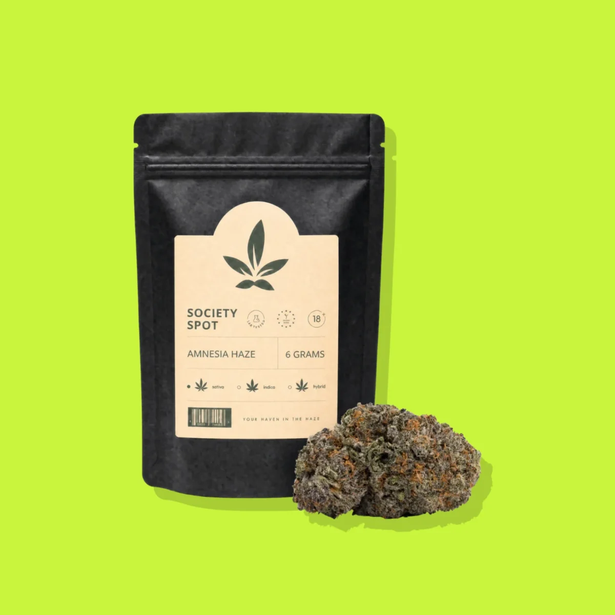 Amnesia Haze di Society Spot, la confezione su fondo lime