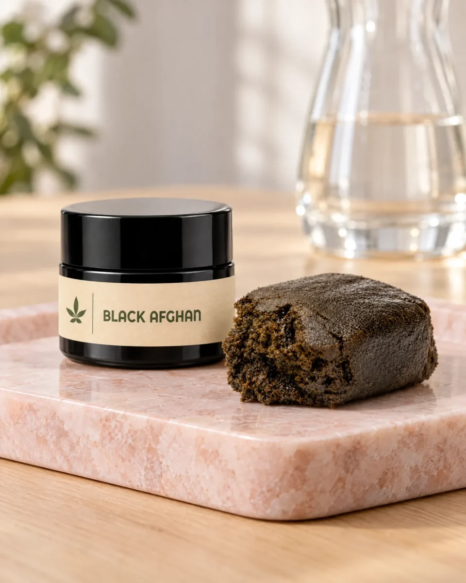 Black Afghan Hash, barattolo Society Spot con l'hash su un vassoio in marmo rosa