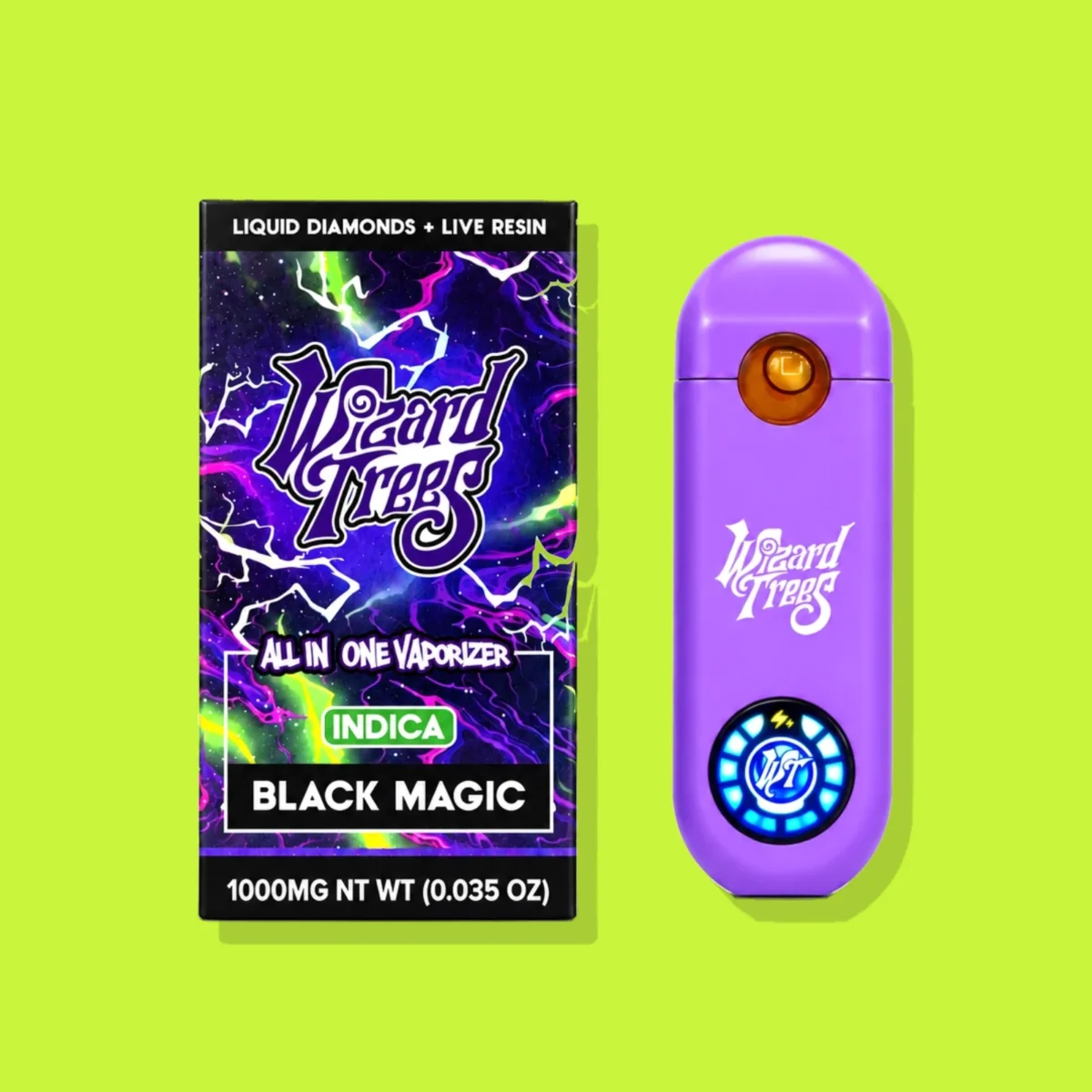 Black Magic di Wizard Trees, la confezione su fondo lime
