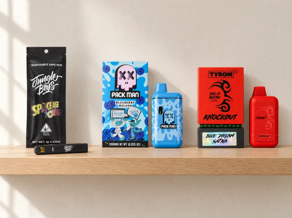 Tre prodotti del catalogo su una mensola: Jungle Boys, Pack Man e Tyson 2.0