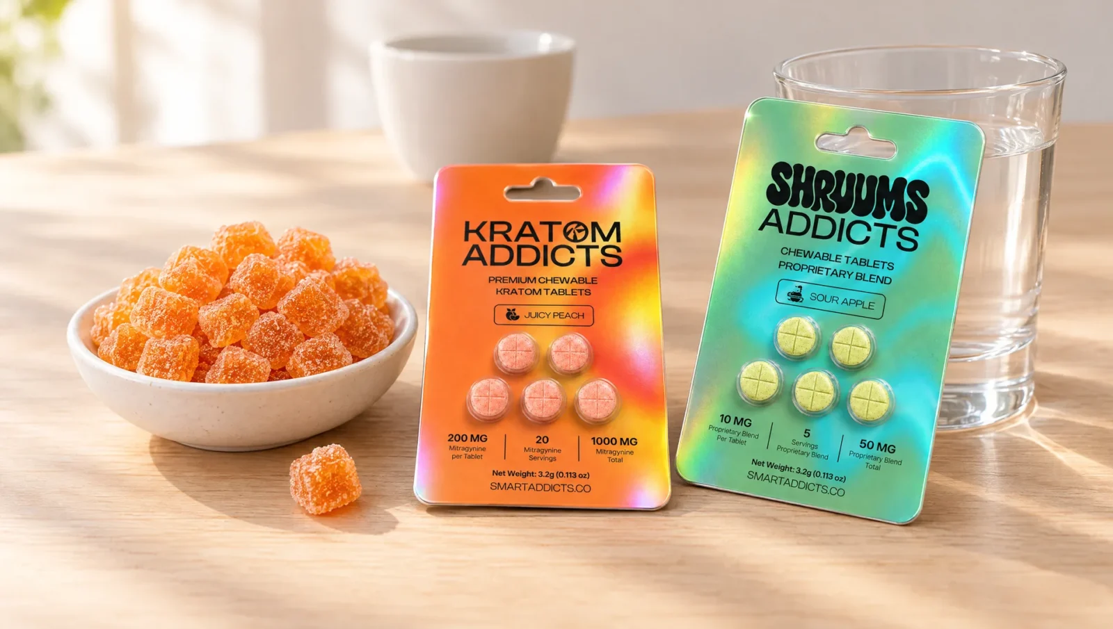 Gummies all'arancia in una ciotola e due blister di compresse, Kratom Addicts e Shruums Addicts, su un tavolo di cucina