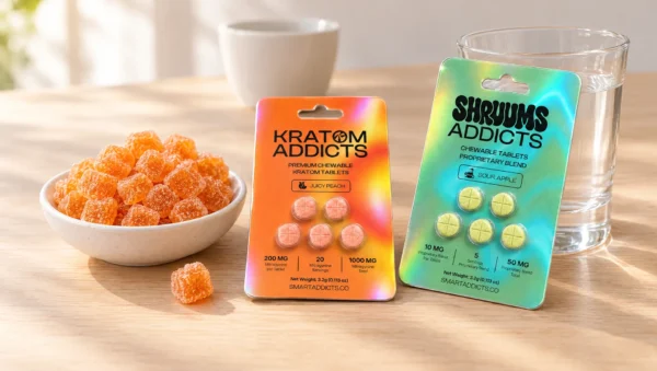 Gummies all'arancia in una ciotola e due blister di compresse, Kratom Addicts e Shruums Addicts, su un tavolo di cucina