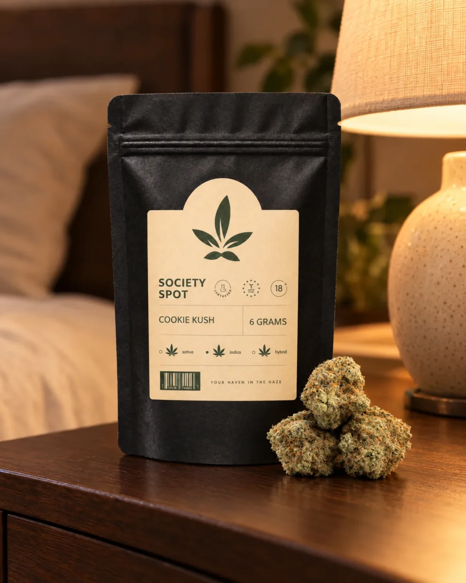Cookie Kush, busta Society Spot con le infiorescenze su un comodino in noce