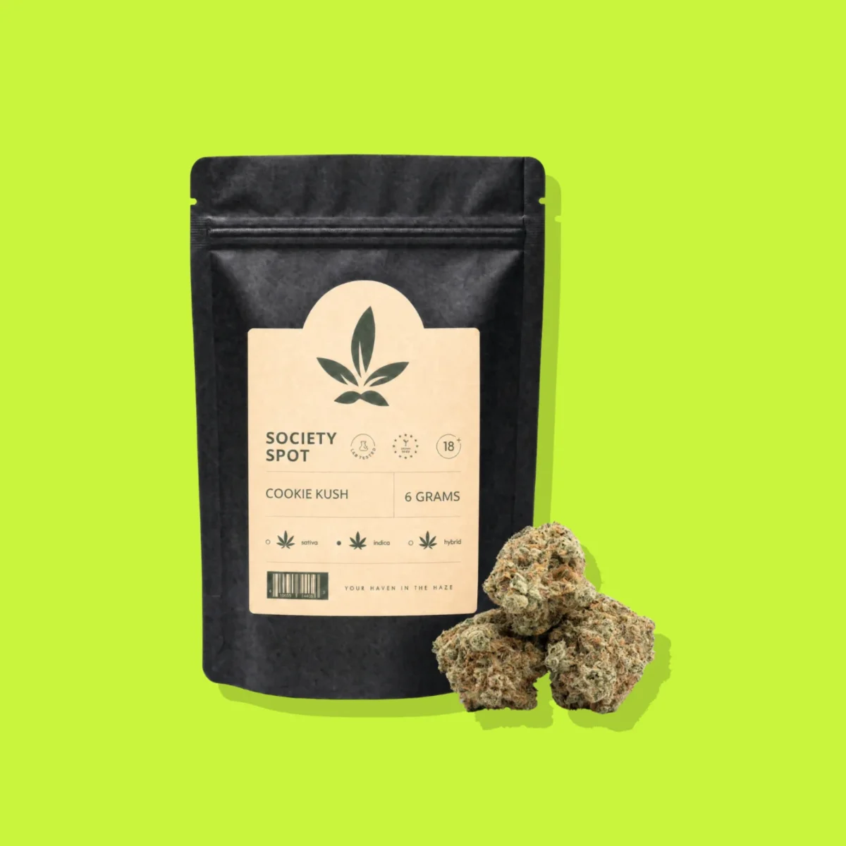 Cookie Kush di Society Spot, la confezione su fondo lime