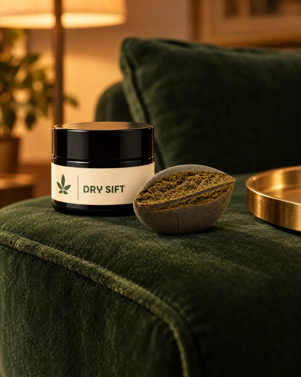 Dry Sift Hash, barattolo Society Spot con l'hash sul bracciolo di un divano in velluto