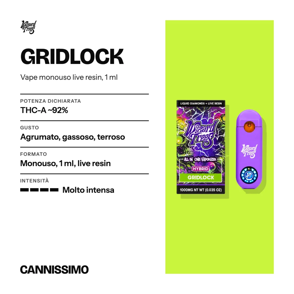 Scheda di Gridlock, Wizard Trees. Potenza dichiarata THC-A ~92%; gusto agrumato, gassoso, terroso; formato monouso, 1 ml, live resin; intensità molto intensa.