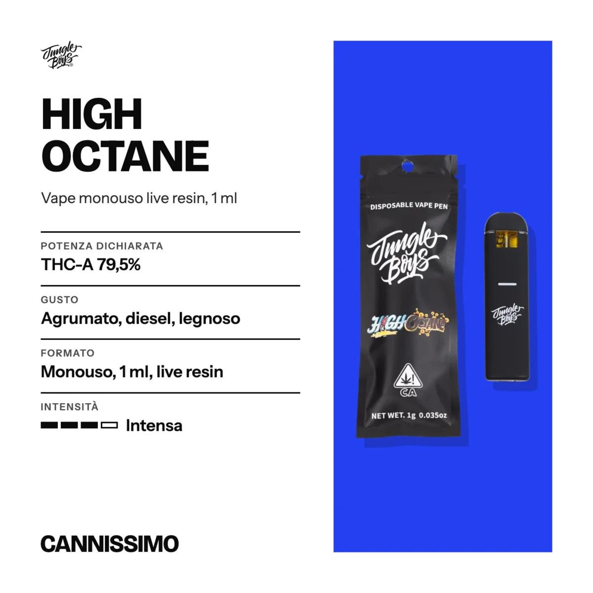 Scheda di High Octane, Jungle Boys. Potenza dichiarata THC-A 79,5%; gusto agrumato, diesel, legnoso; formato monouso, 1 ml, live resin; intensità intensa.
