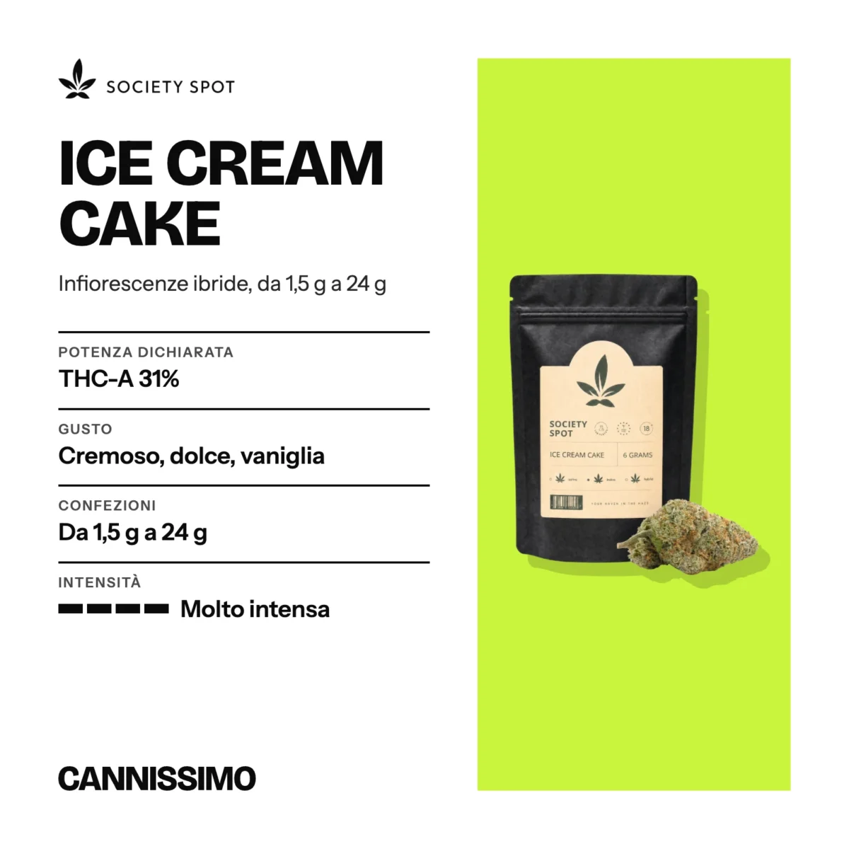 Scheda di Ice Cream Cake, Society Spot. Potenza dichiarata THC-A 31%; gusto cremoso, dolce, vaniglia; confezioni da 1,5 g a 24 g; intensità molto intensa.