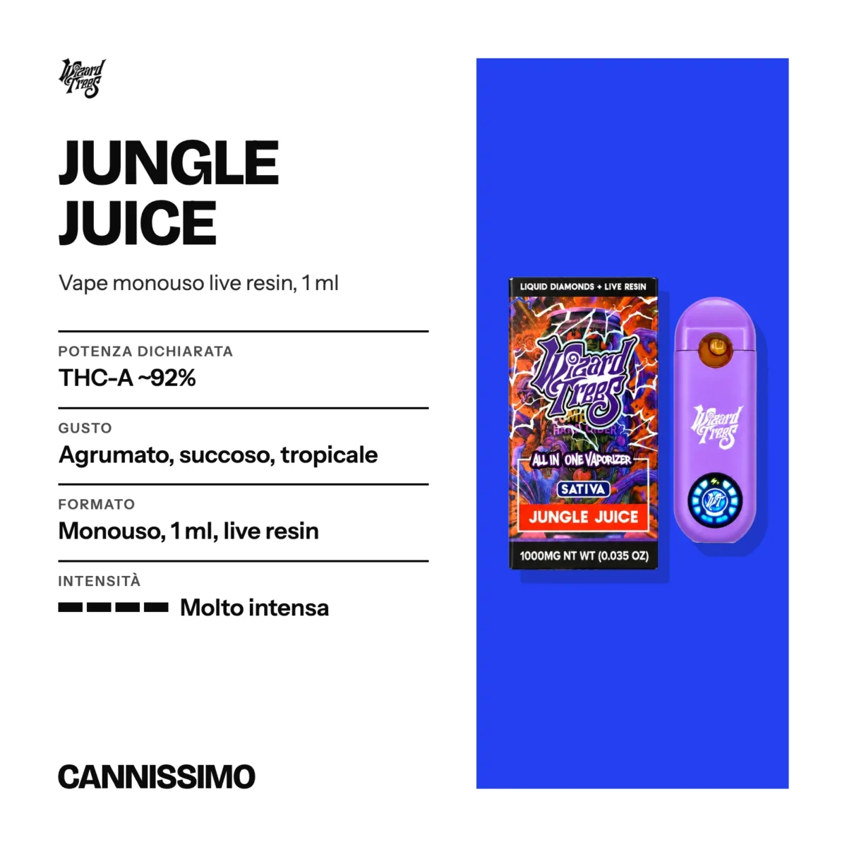 Scheda di Jungle Juice, Wizard Trees. Potenza dichiarata THC-A ~92%; gusto agrumato, succoso, tropicale; formato monouso, 1 ml, live resin; intensità molto intensa.