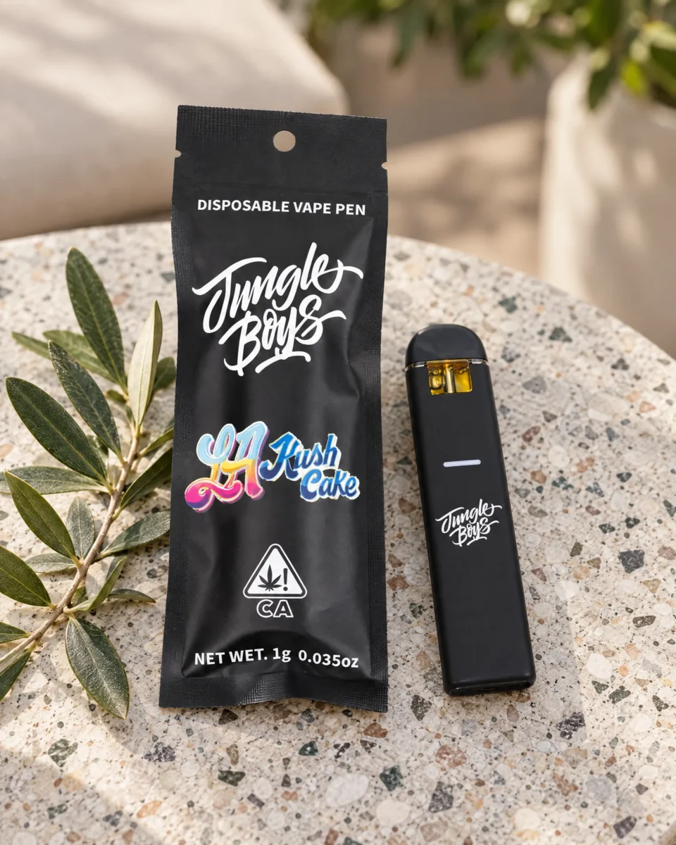 LA Kush Cake di Jungle Boys, confezione e dispositivo su un tavolo in graniglia