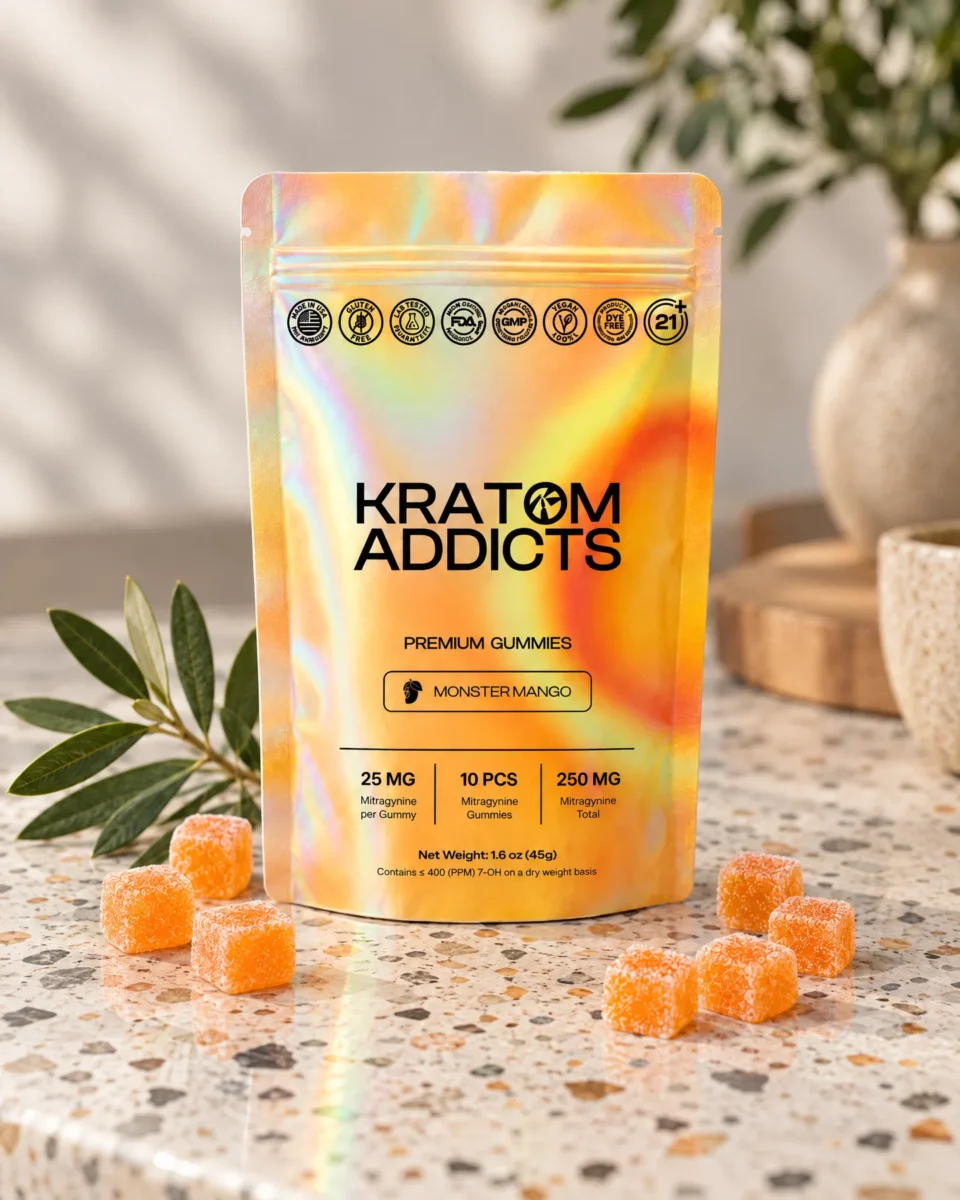 Monster Mango Gummies di Kratom Addicts, la busta e le caramelle su un tavolo in graniglia