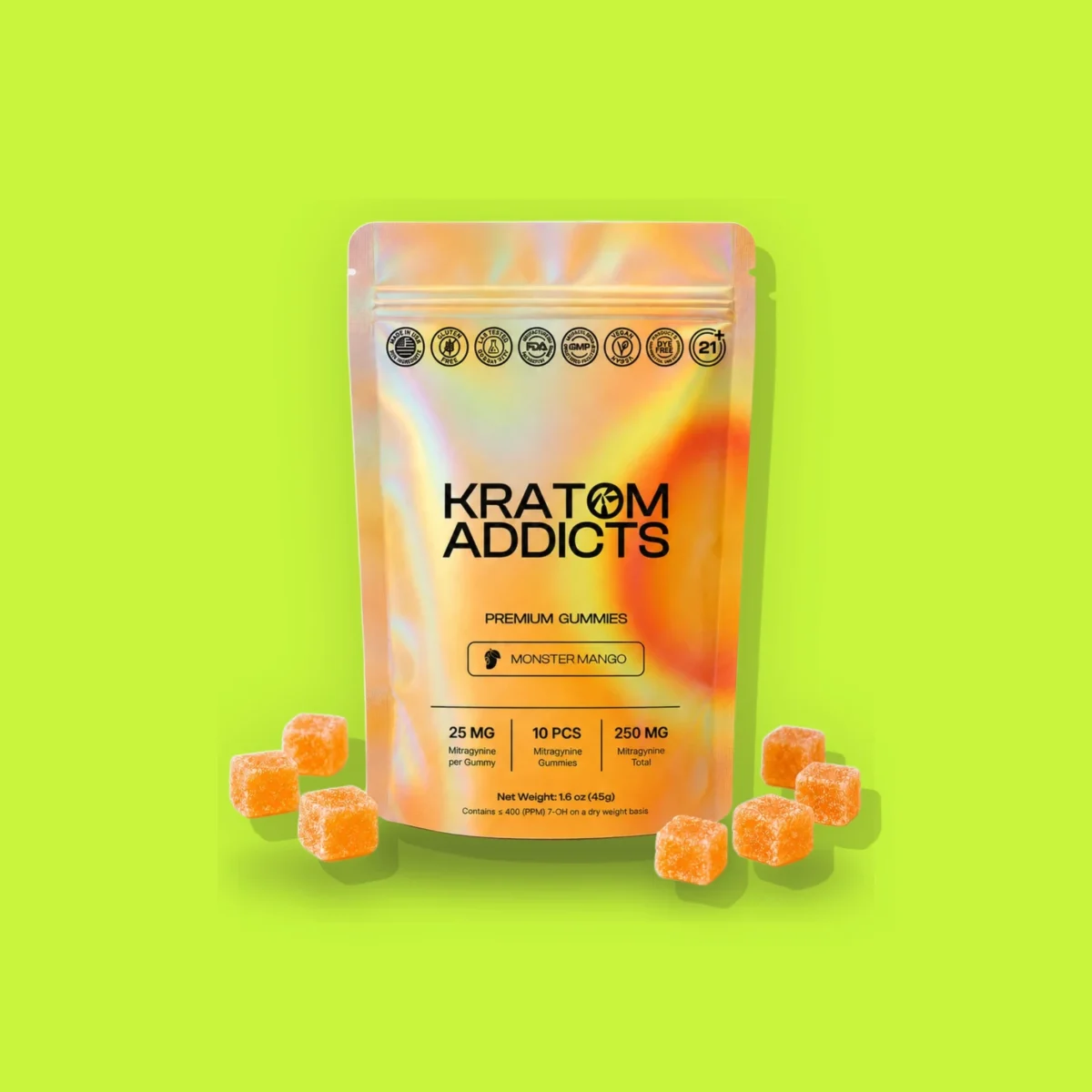 Monster Mango Gummies di Smart Addicts, la confezione su fondo lime