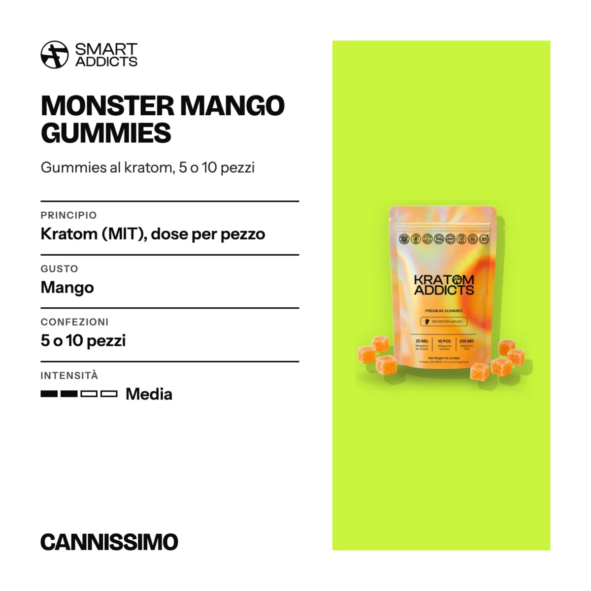 Scheda di Monster Mango Gummies, Smart Addicts. Principio kratom (MIT), dose per pezzo; gusto mango; confezioni 5 o 10 pezzi; intensità media.