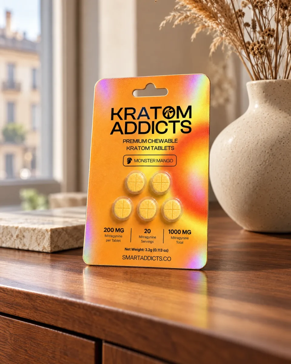Monster Mango Tabs di Kratom Addicts, il blister su una credenza in noce
