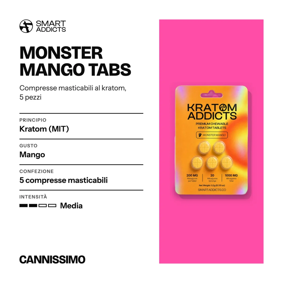 Scheda di Monster Mango Tabs, Smart Addicts. Principio kratom (MIT); gusto mango; confezione 5 compresse masticabili; intensità media.