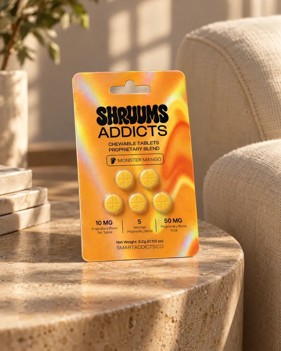 Monster Mango Tabs di Shruums Addicts, il blister su un tavolino in travertino