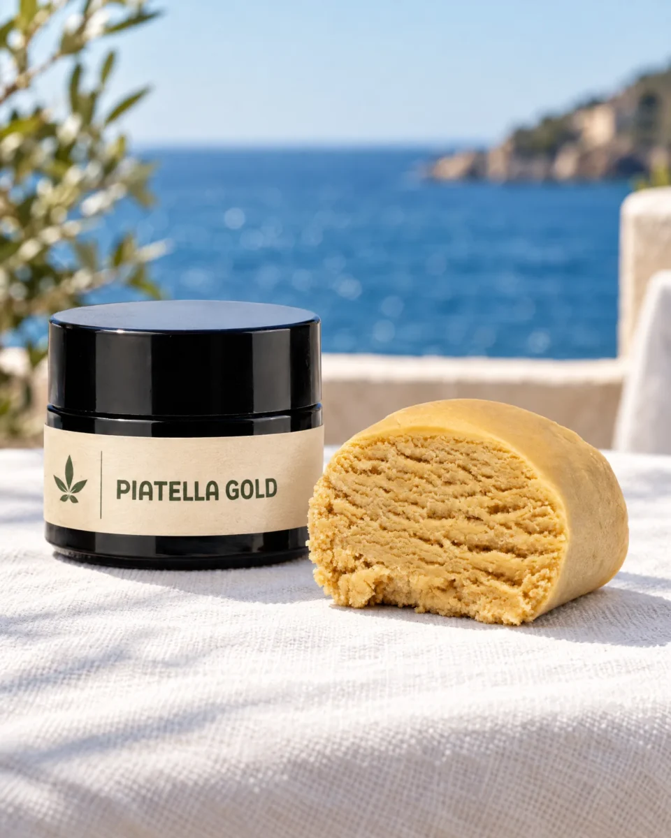 Piatella Gold Hash, barattolo Society Spot con l'hash su una terrazza sul mare