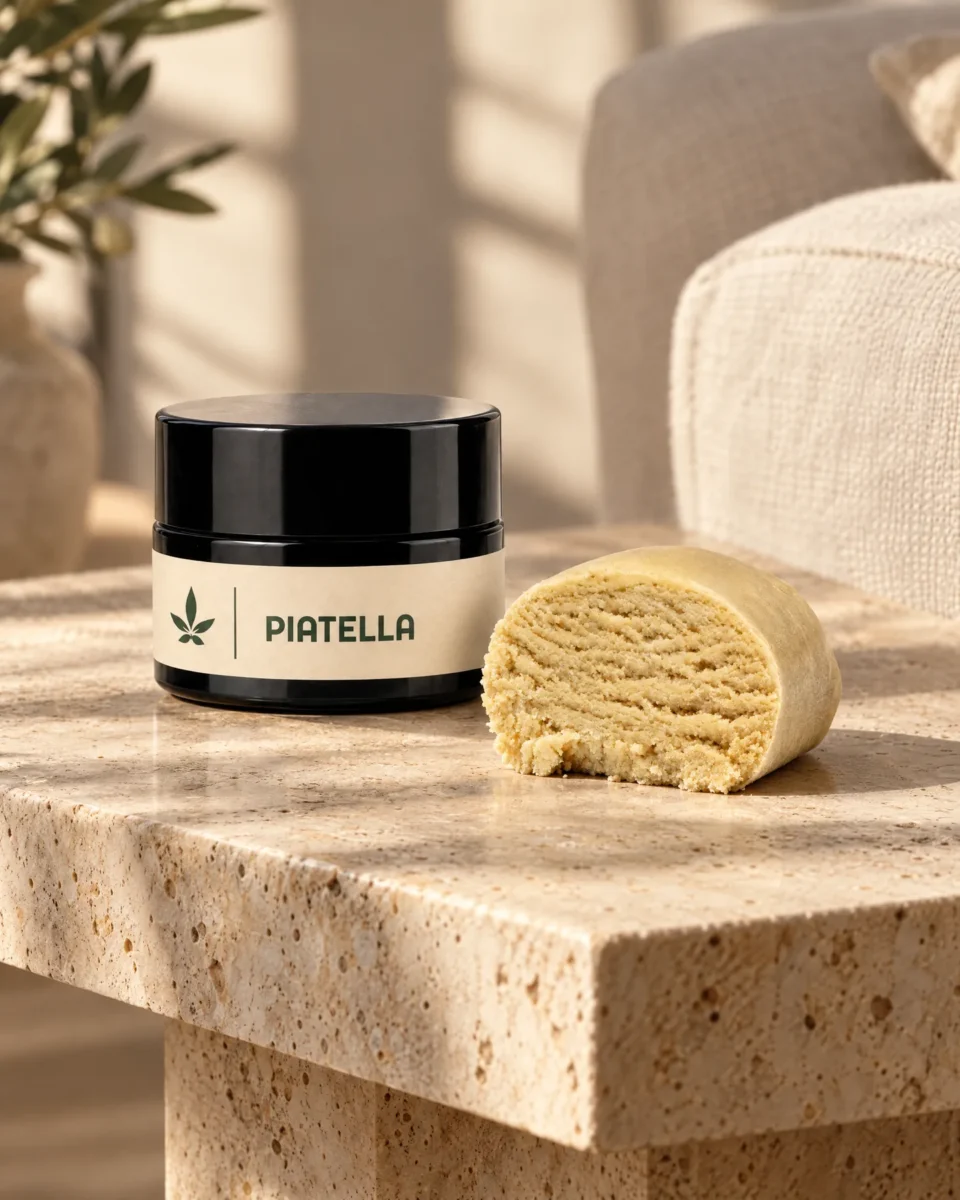Piatella Hash, barattolo Society Spot con l'hash su un tavolino in travertino