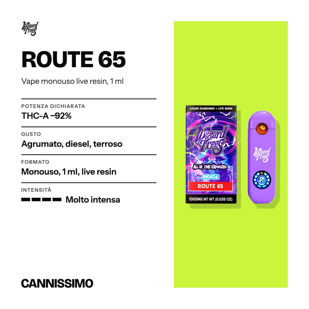 Scheda di Route 65, Wizard Trees. Potenza dichiarata THC-A ~92%; gusto agrumato, diesel, terroso; formato monouso, 1 ml, live resin; intensità molto intensa.