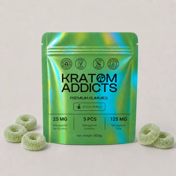 Sour Apple Gummies di Kratom Addicts, busta da 5 pezzi da 25 mg