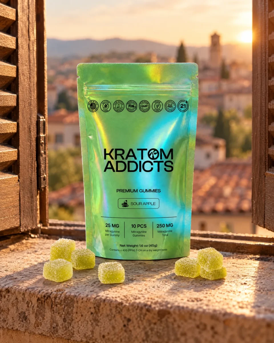 Sour Apple Gummies di Kratom Addicts, la busta e le caramelle su un davanzale in pietra