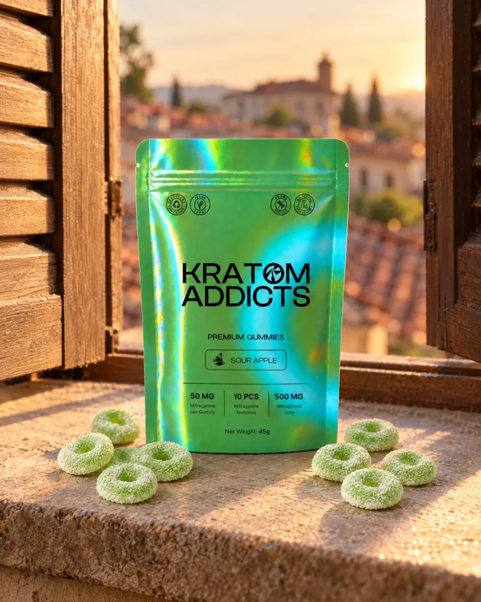 Sour Apple Gummies di Kratom Addicts, la busta e le caramelle su un davanzale in pietra
