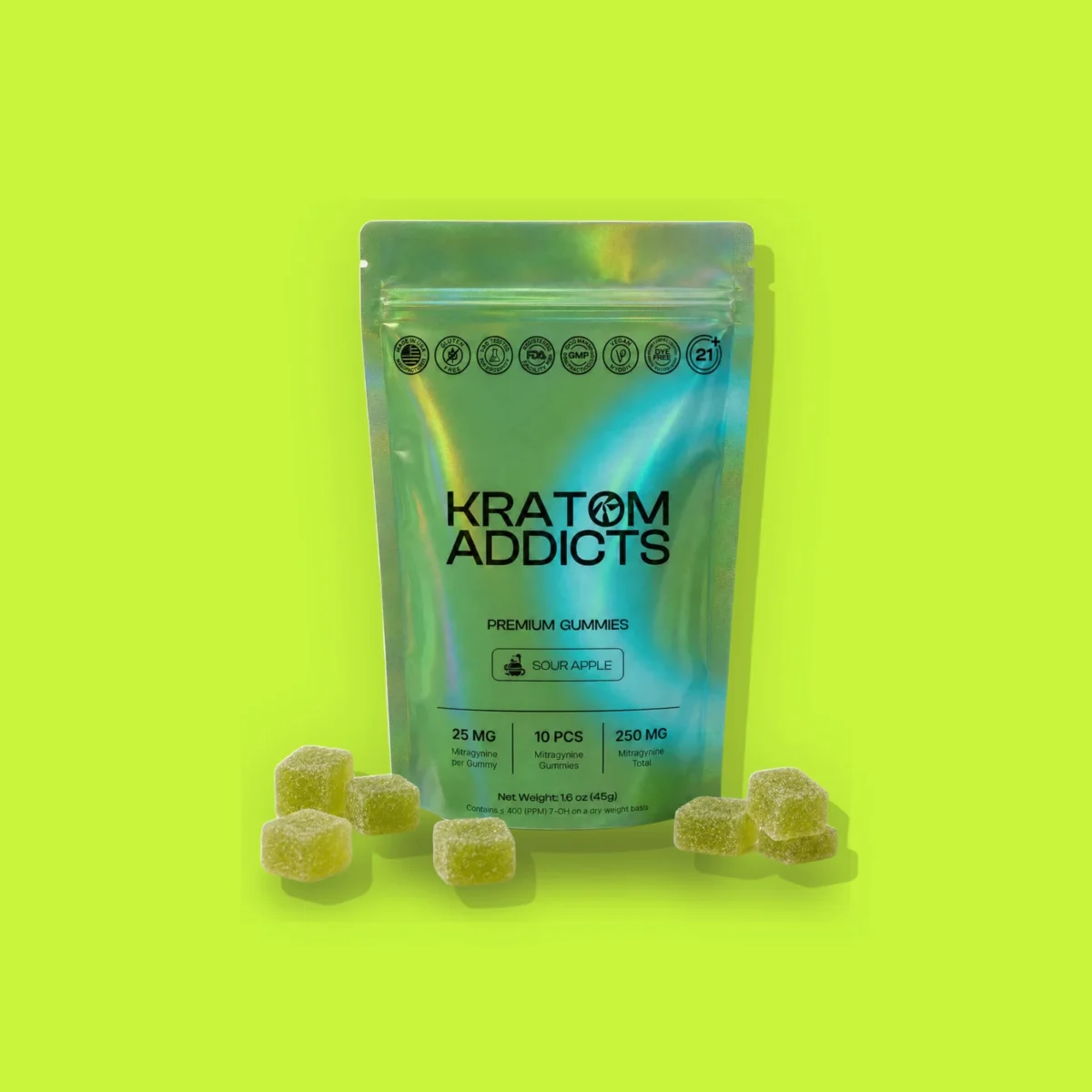 Sour Apple Gummies di Smart Addicts, la confezione su fondo lime