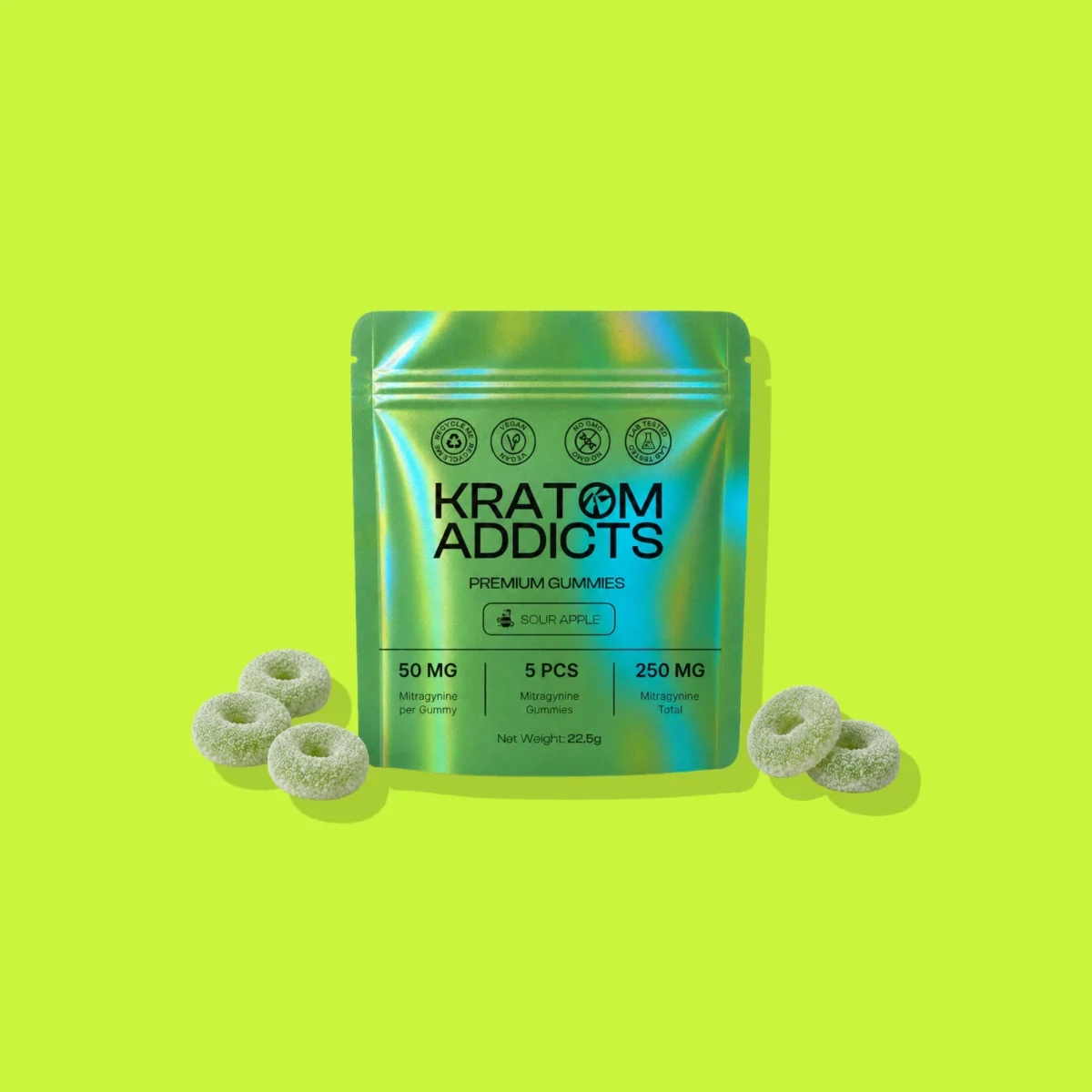 Sour Apple Gummies di Smart Addicts, la confezione su fondo lime