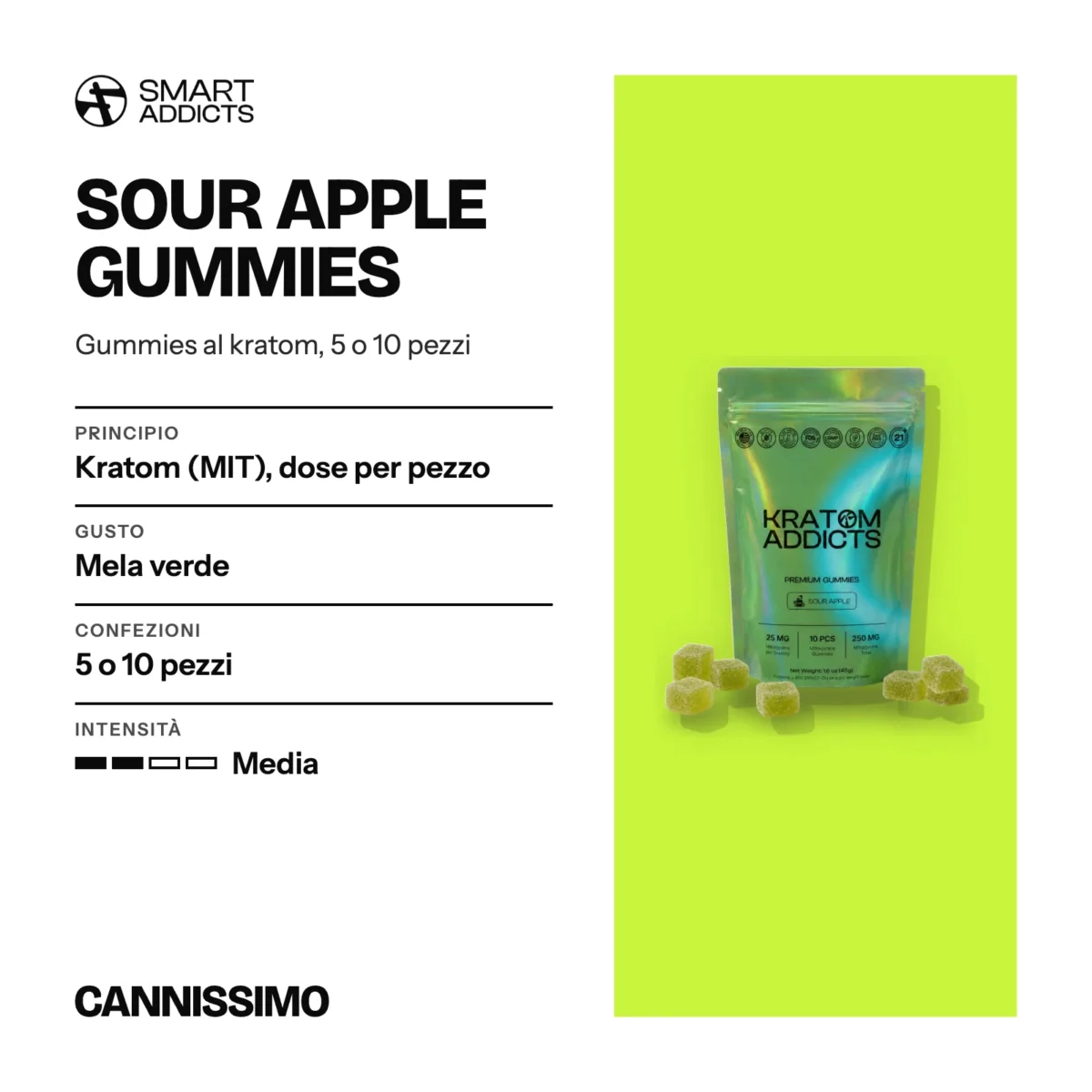 Scheda di Sour Apple Gummies, Smart Addicts. Principio kratom (MIT), dose per pezzo; gusto mela verde; confezioni 5 o 10 pezzi; intensità media.
