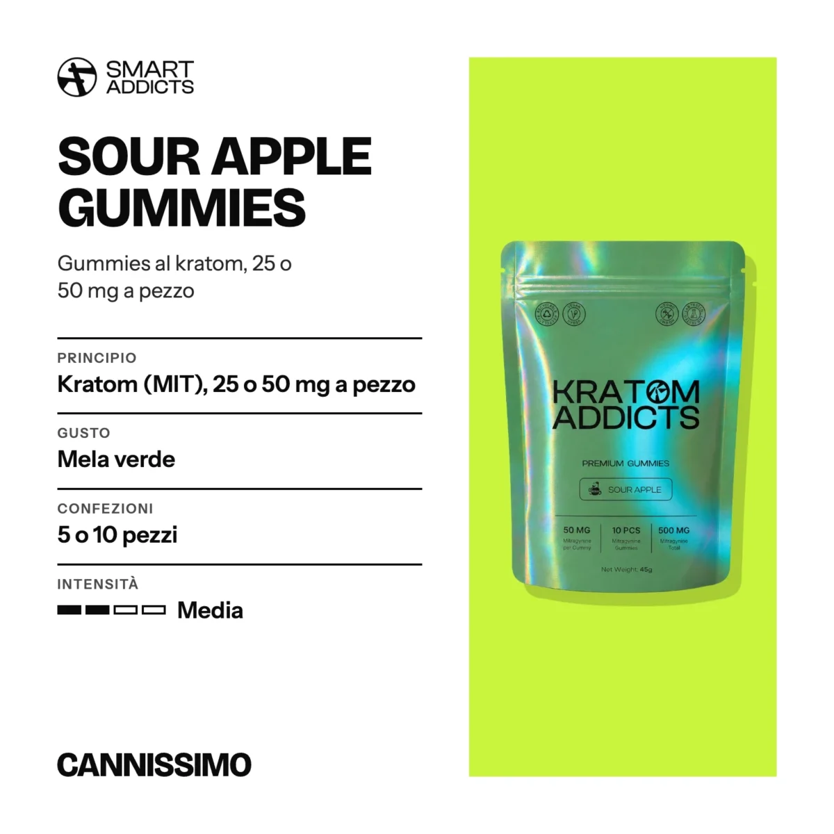 Scheda di Sour Apple Gummies, Smart Addicts. Principio kratom (MIT), 25 o 50 mg a pezzo; gusto mela verde; confezioni 5 o 10 pezzi; intensità media.