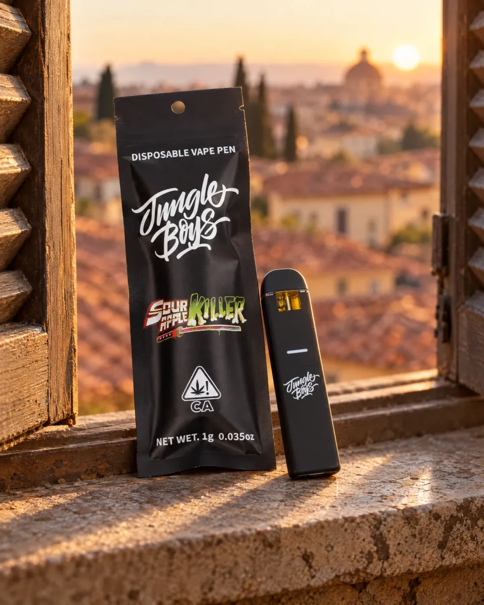 Sour Apple Killer di Jungle Boys, confezione e dispositivo su un davanzale in pietra