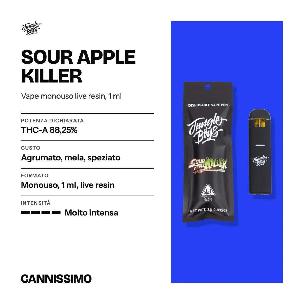 Scheda di Sour Apple Killer, Jungle Boys. Potenza dichiarata THC-A 88,25%; gusto agrumato, mela, speziato; formato monouso, 1 ml, live resin; intensità molto intensa.