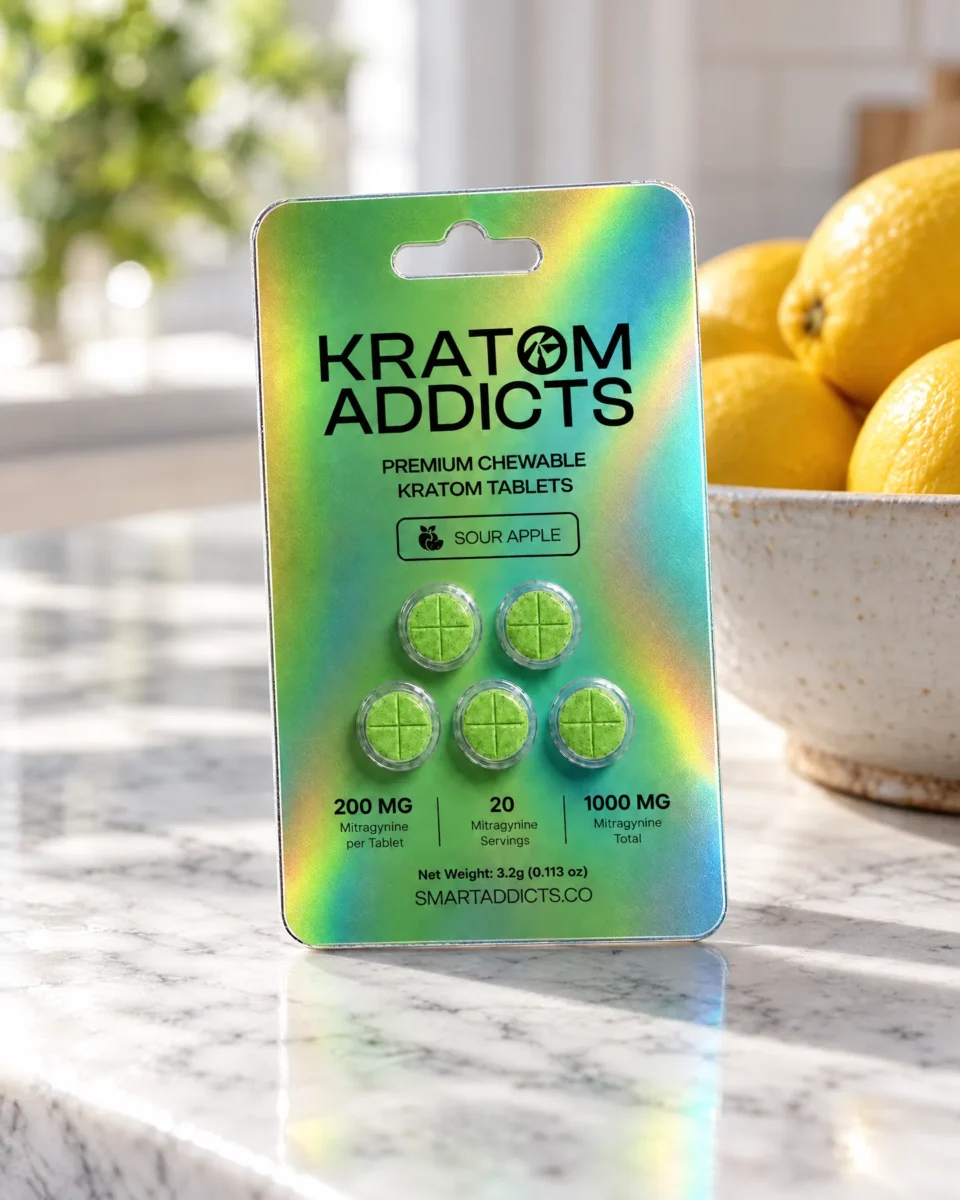 Sour Apple Tabs di Kratom Addicts, il blister sul piano in marmo di una cucina