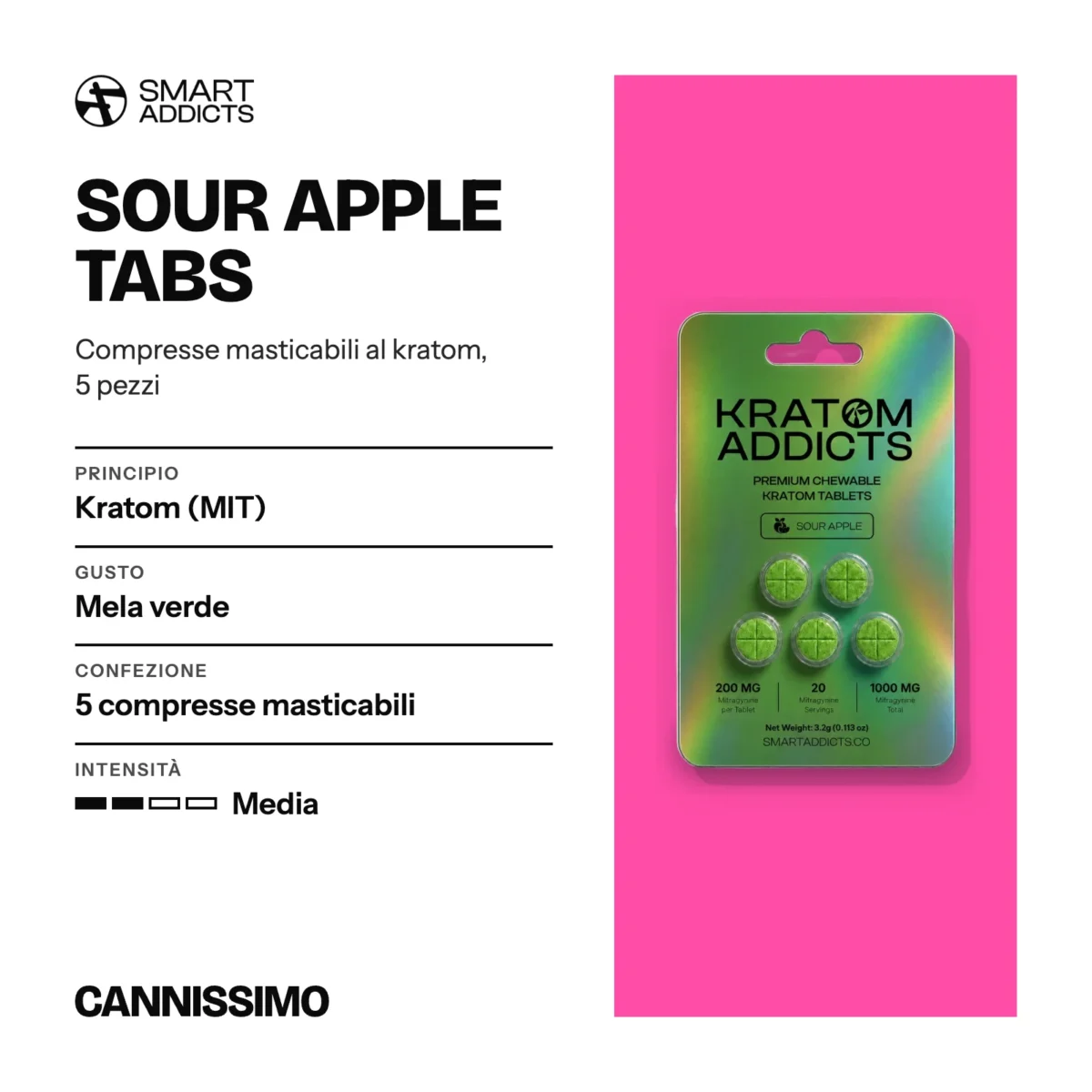 Scheda di Sour Apple Tabs, Smart Addicts. Principio kratom (MIT); gusto mela verde; confezione 5 compresse masticabili; intensità media.