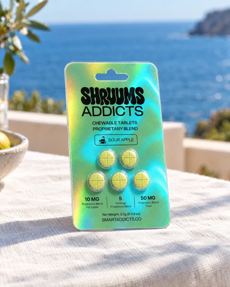 Sour Apple Tabs di Shruums Addicts, il blister su una terrazza sul mare