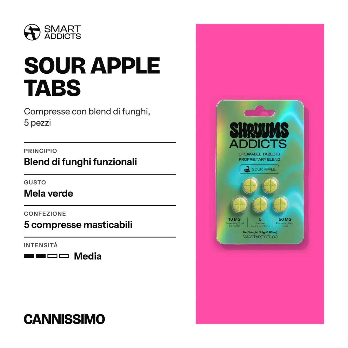 Scheda di Sour Apple Tabs, Smart Addicts. Principio blend di funghi funzionali; gusto mela verde; confezione 5 compresse masticabili; intensità media.