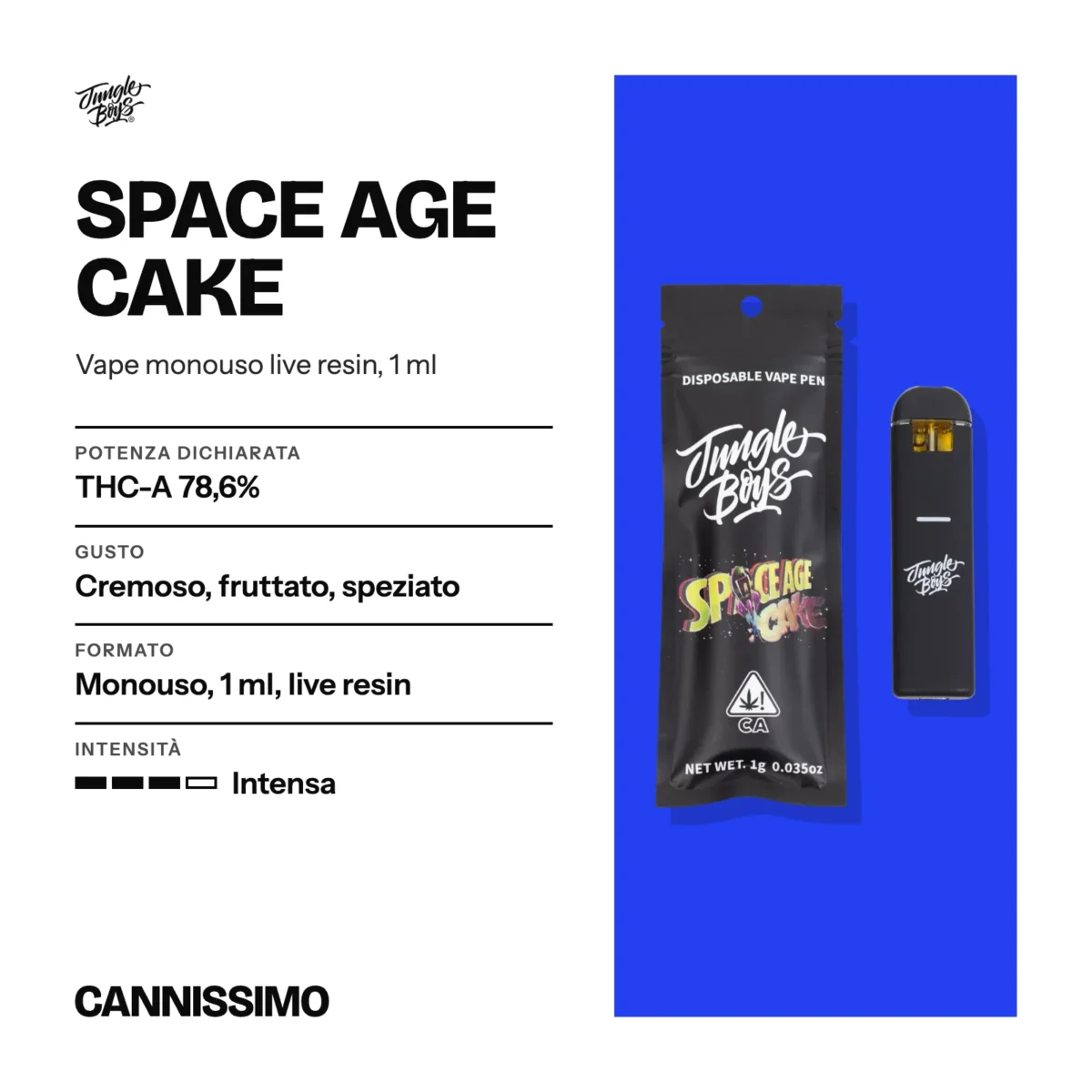Scheda di Space Age Cake, Jungle Boys. Potenza dichiarata THC-A 78,6%; gusto cremoso, fruttato, speziato; formato monouso, 1 ml, live resin; intensità intensa.