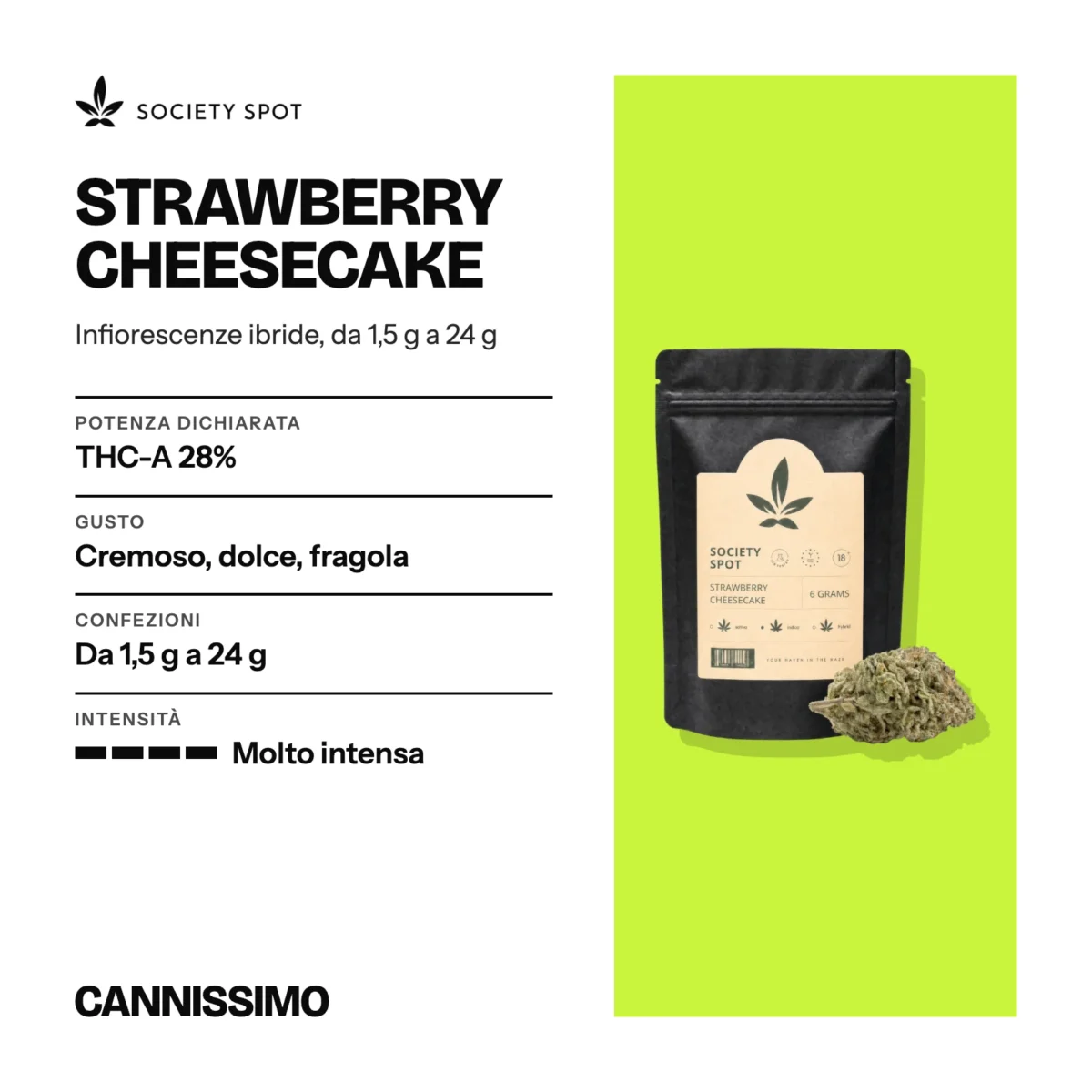 Scheda di Strawberry Cheesecake, Society Spot. Potenza dichiarata THC-A 28%; gusto cremoso, dolce, fragola; confezioni da 1,5 g a 24 g; intensità molto intensa.