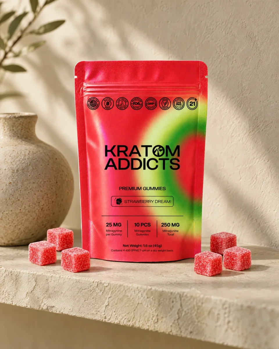Strawberry Dream Gummies di Kratom Addicts, la busta e le caramelle su una mensola in calce