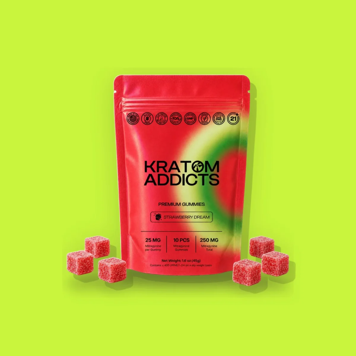 Strawberry Dream Gummies di Smart Addicts, la confezione su fondo lime