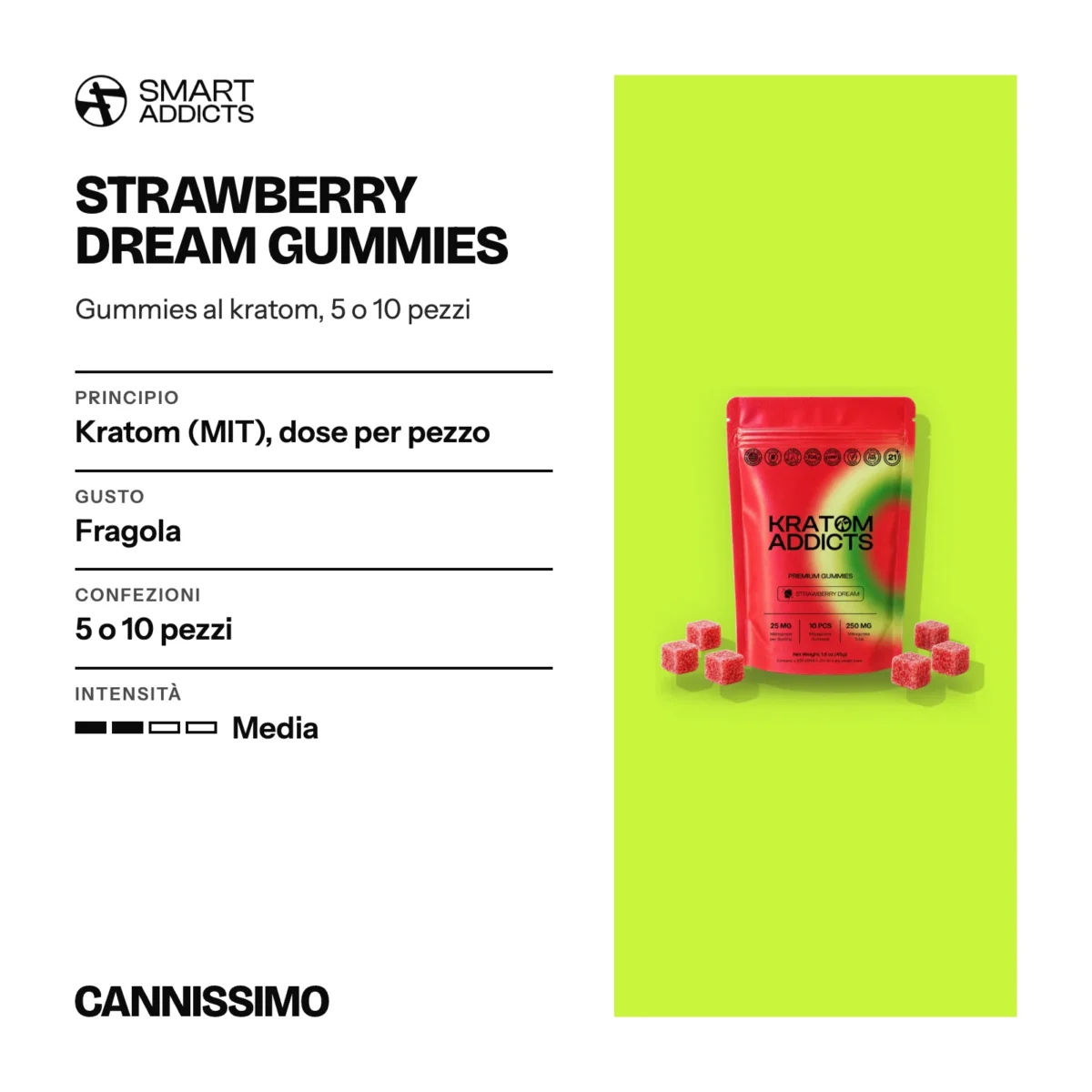 Scheda di Strawberry Dream Gummies, Smart Addicts. Principio kratom (MIT), dose per pezzo; gusto fragola; confezioni 5 o 10 pezzi; intensità media.