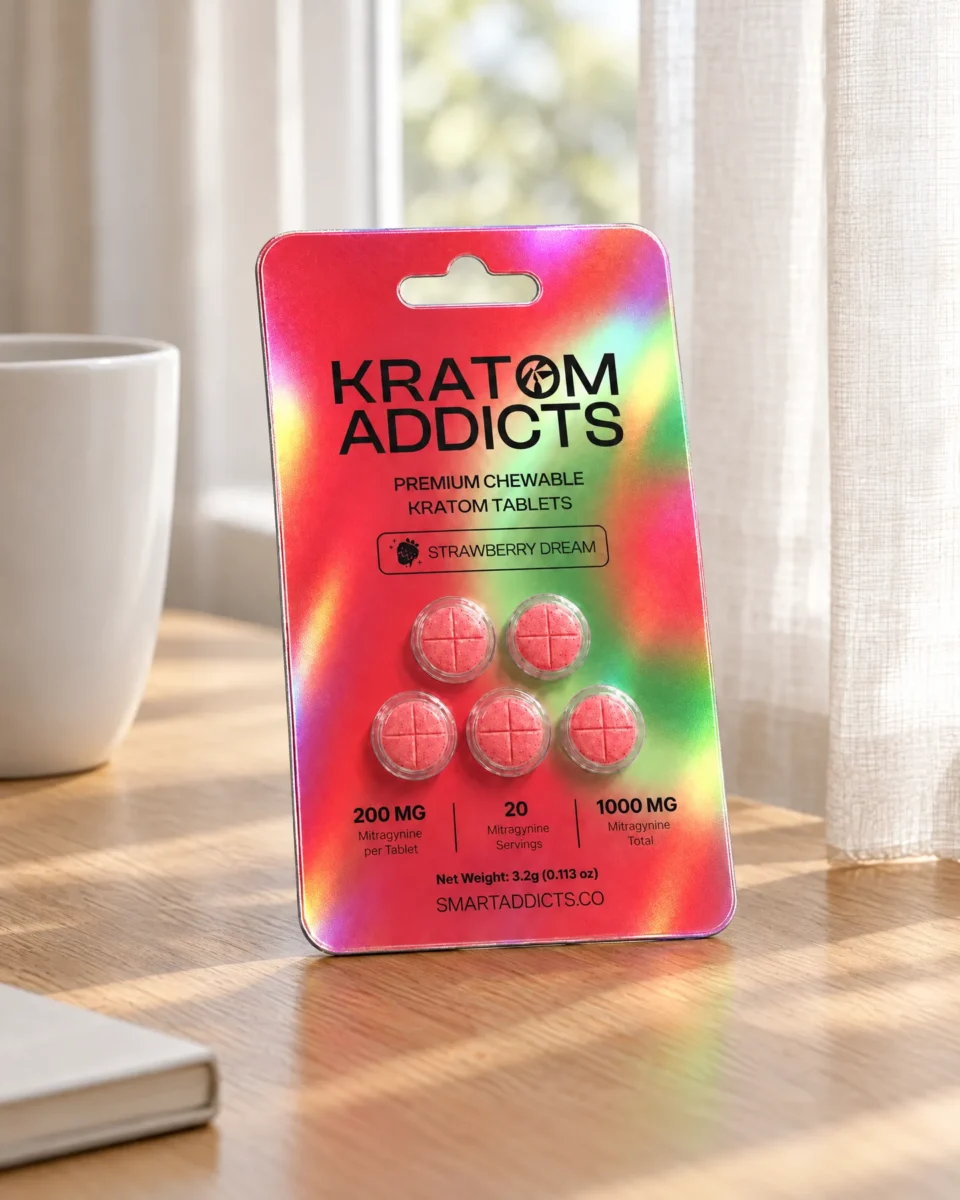 Strawberry Dream Tabs di Kratom Addicts, il blister su una scrivania in rovere