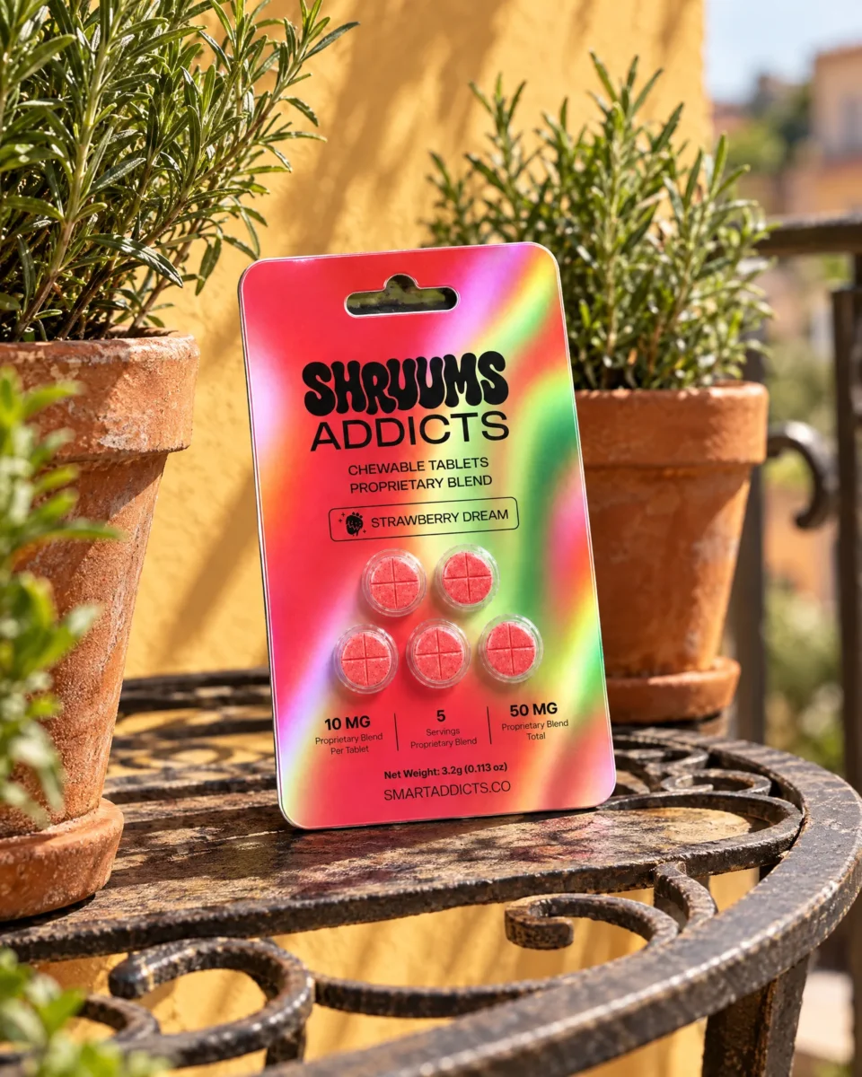 Strawberry Dream Tabs di Shruums Addicts, il blister su un tavolino da balcone