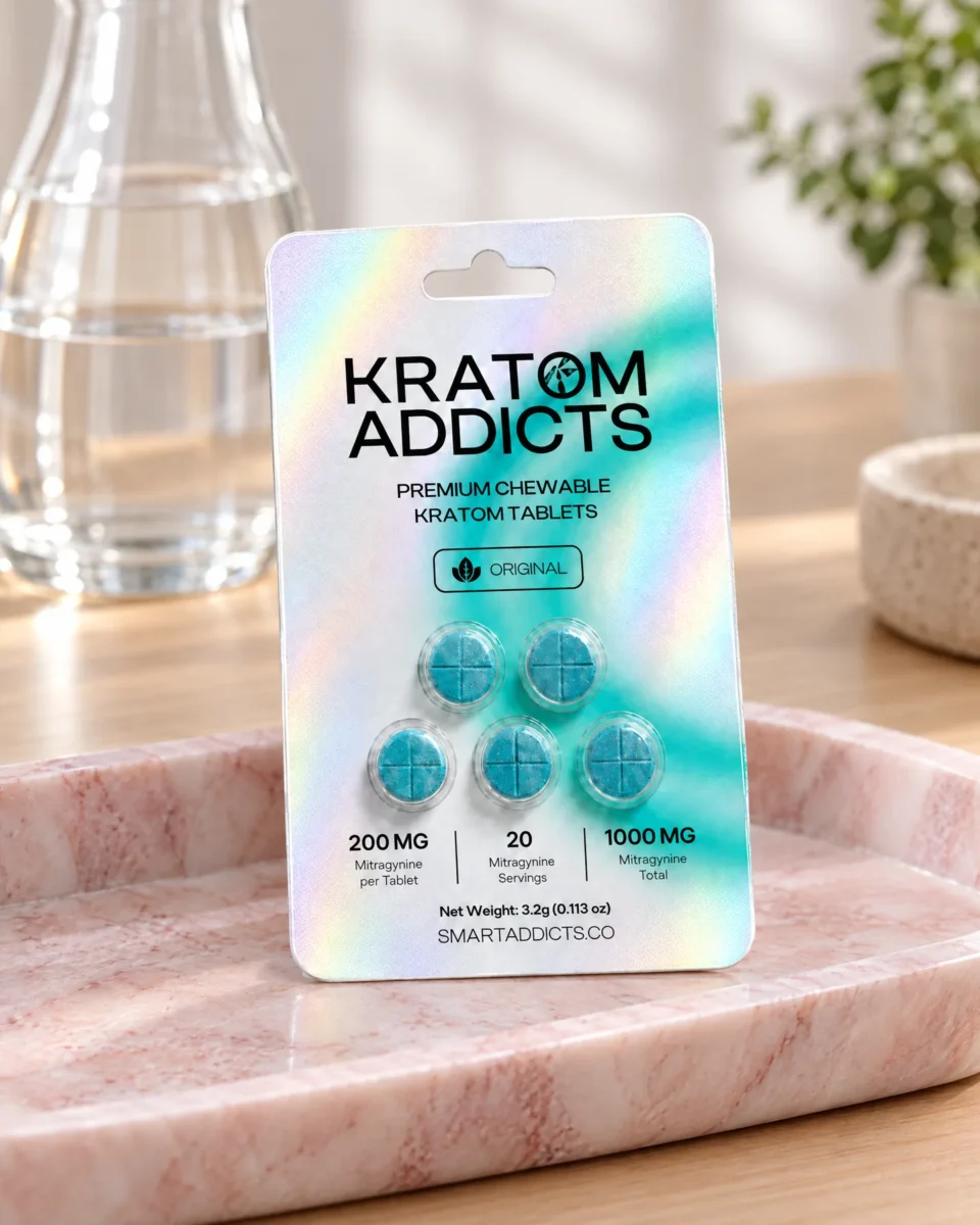 The Original Tabs di Kratom Addicts, il blister su un vassoio in marmo rosa
