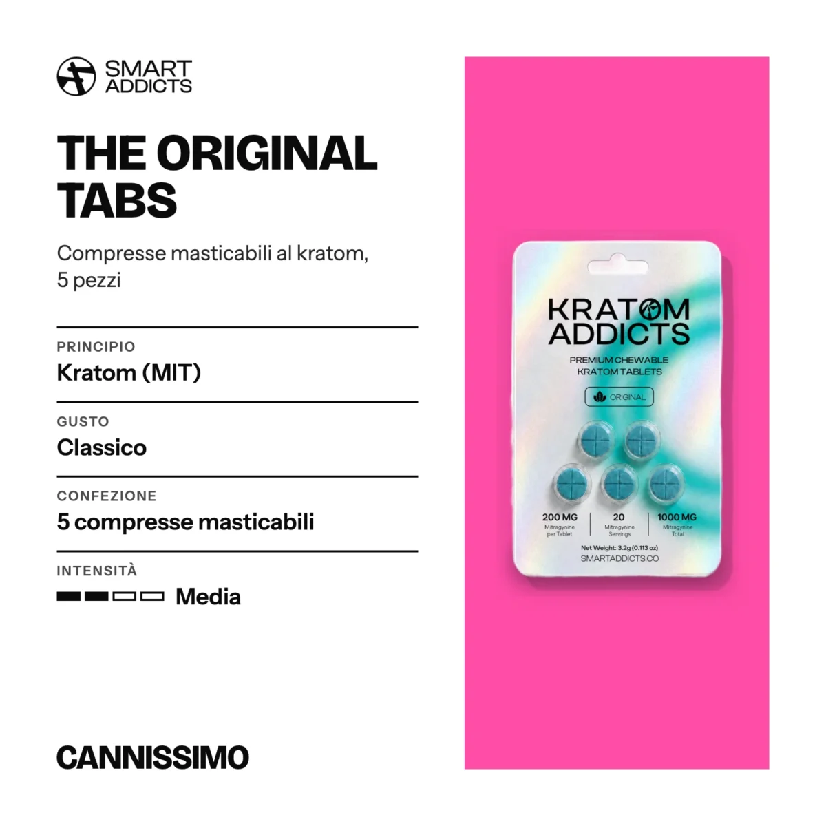 Scheda di The Original Tabs, Smart Addicts. Principio kratom (MIT); gusto classico; confezione 5 compresse masticabili; intensità media.