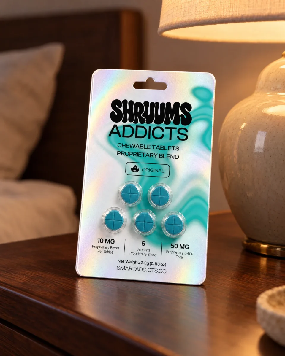 The Original Tabs di Shruums Addicts, il blister su un comodino in noce